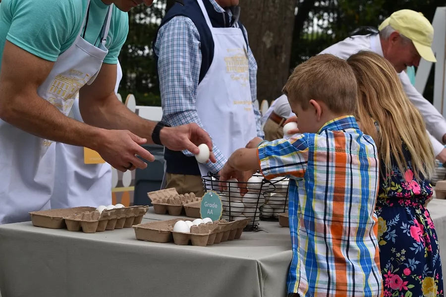 Children stack egg cartons in the Hen to Home exhibit.jpg